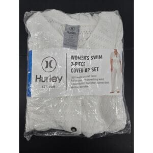 Hurley Lightweight Crochet 2 Piece Swimsuit Cover Up Pant Top Set White Sz L NEW